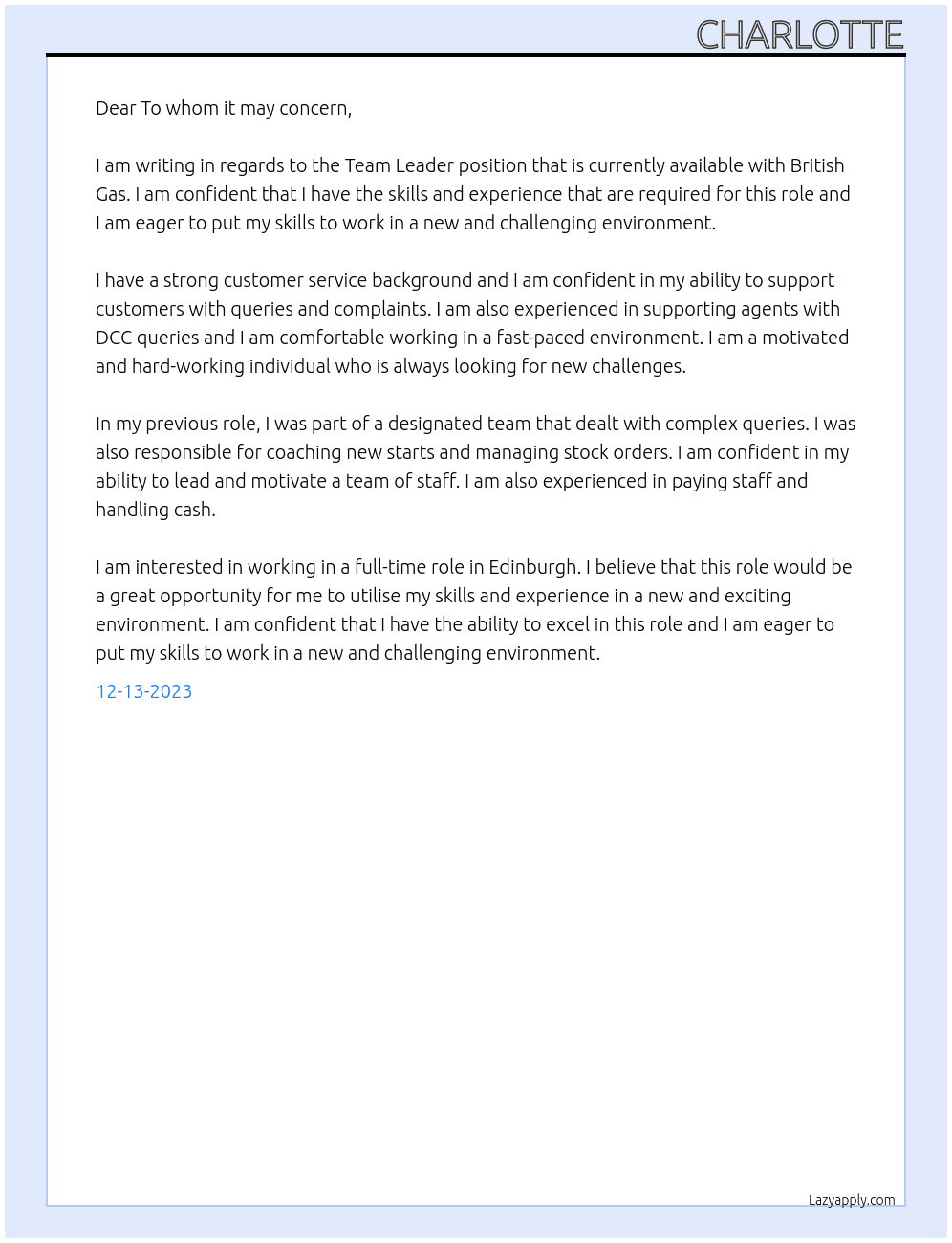 Team Leader At British Gas Cover Letter