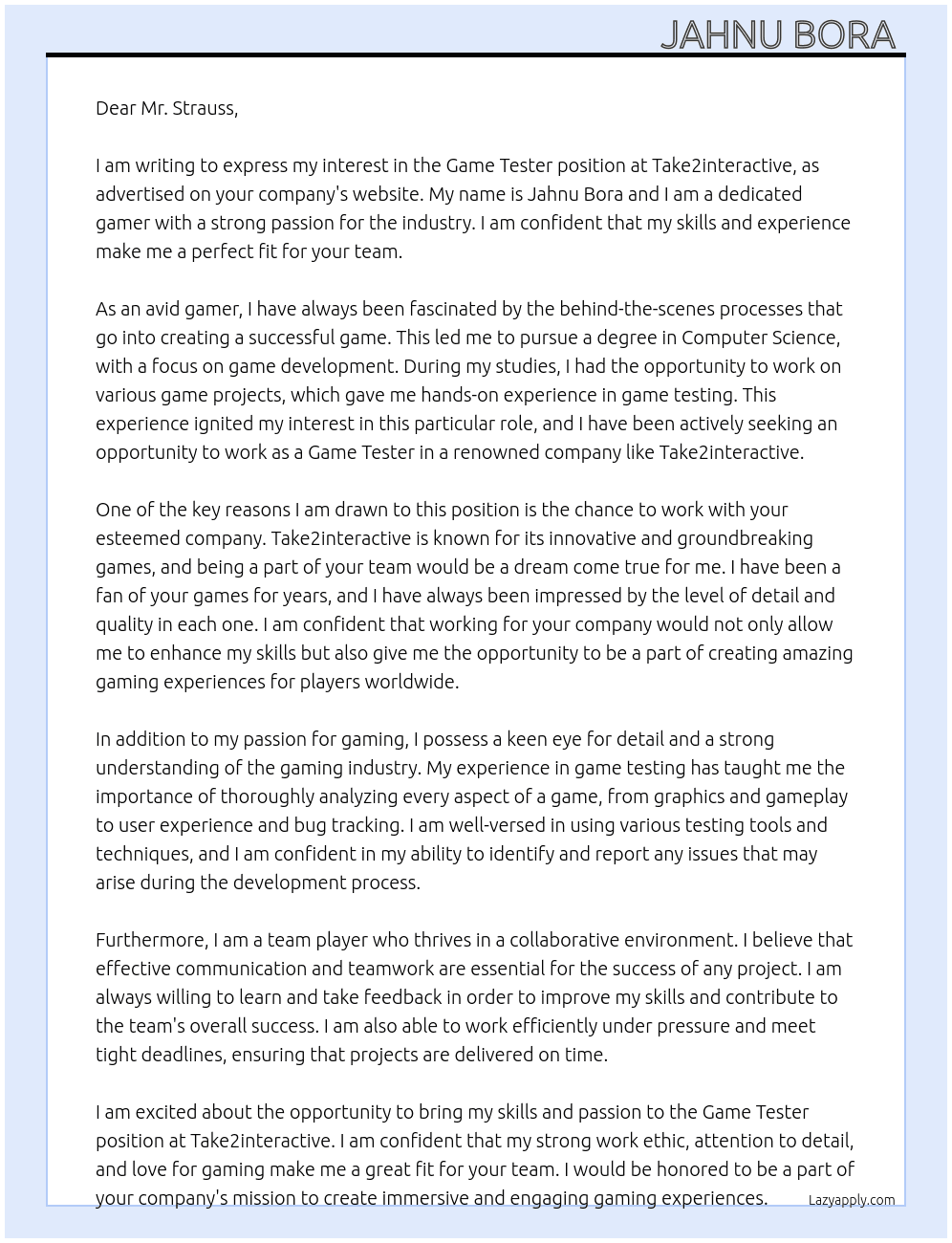 Game tester  At Take2intaractive  Cover Letter