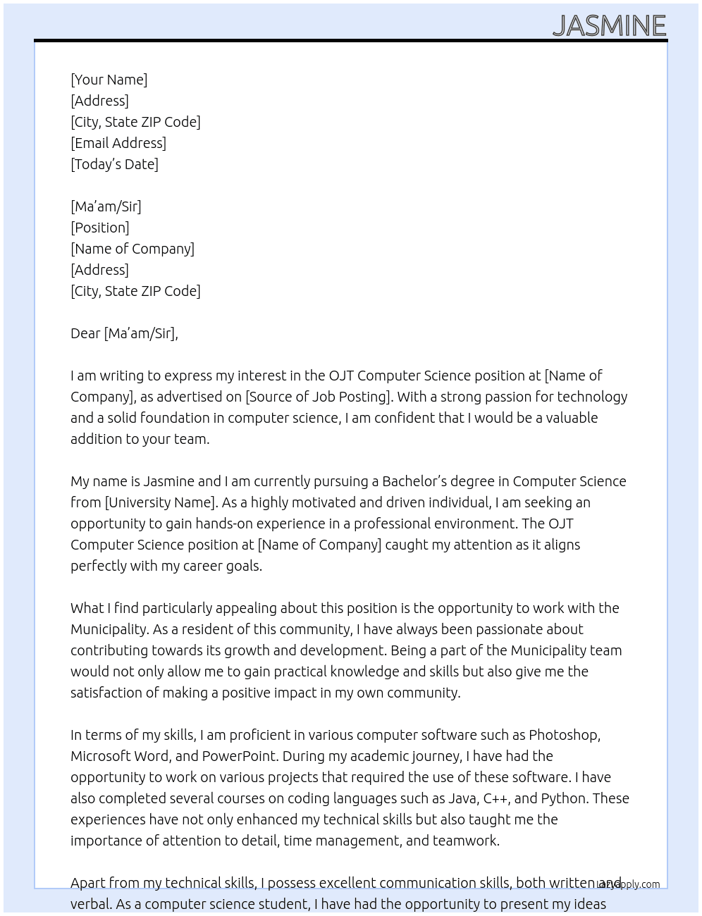 OJT Computer Science At Municipality Cover Letter