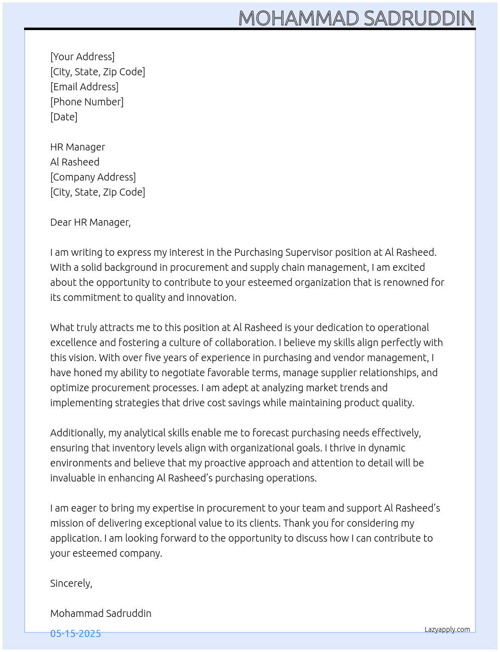 Cover letter for purchasing supervisor - LazyApply
