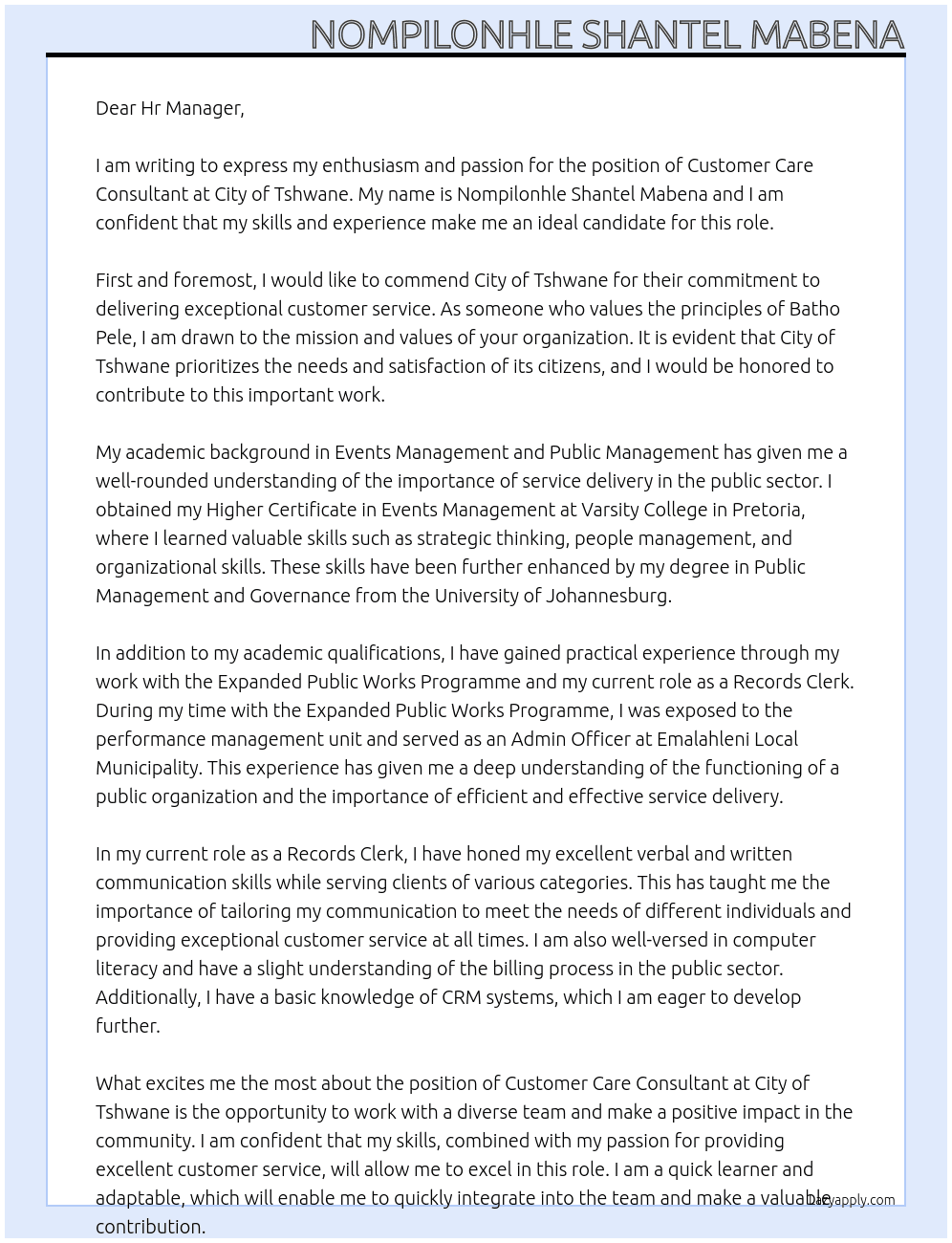 Customer Care Consultant At City of Tshwane Cover Letter