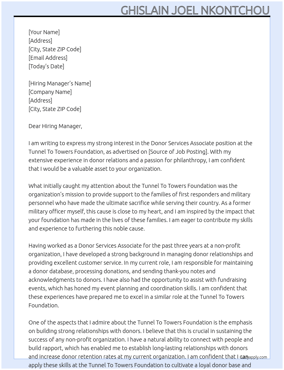 Donor Services Associate At Tunnel To Towers Foundation Cover Letter