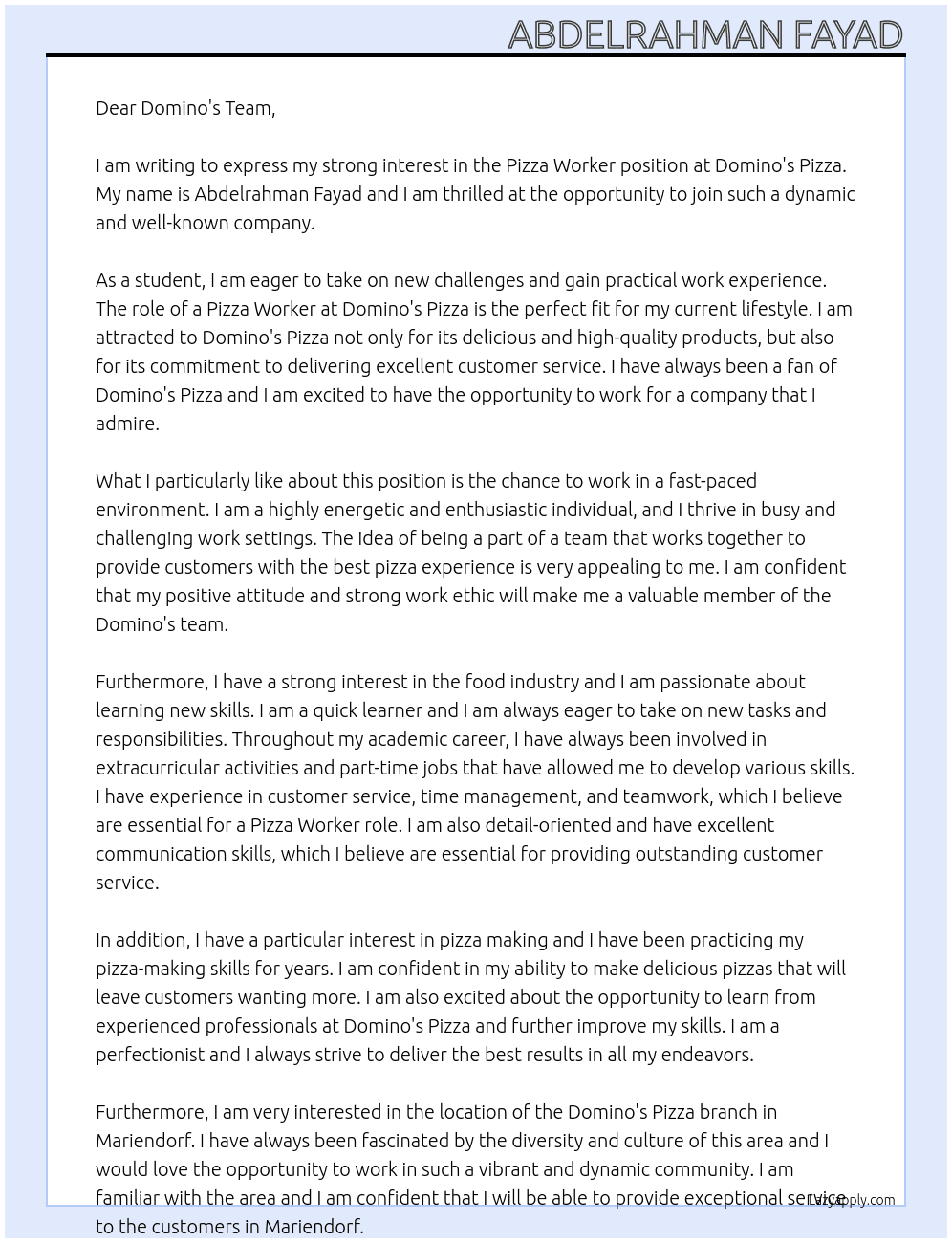 Pizza worker At Domino's pizza Cover Letter