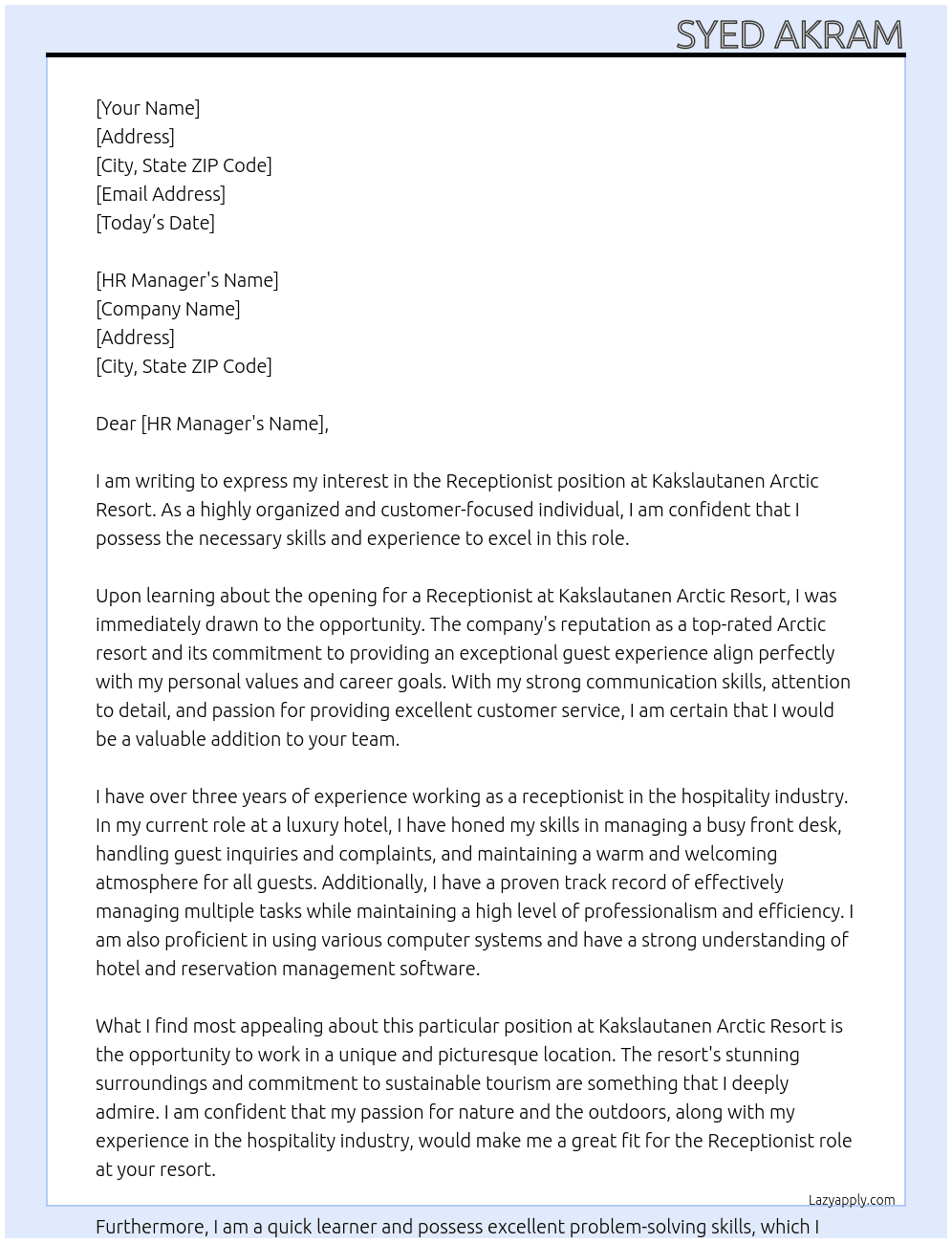 Receptionist At Kakslaultanen arctic resort Cover Letter