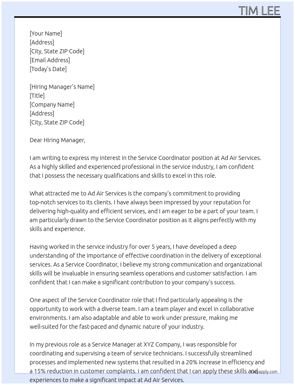 Service Coordinator At Ad Air Services  Cover Letter