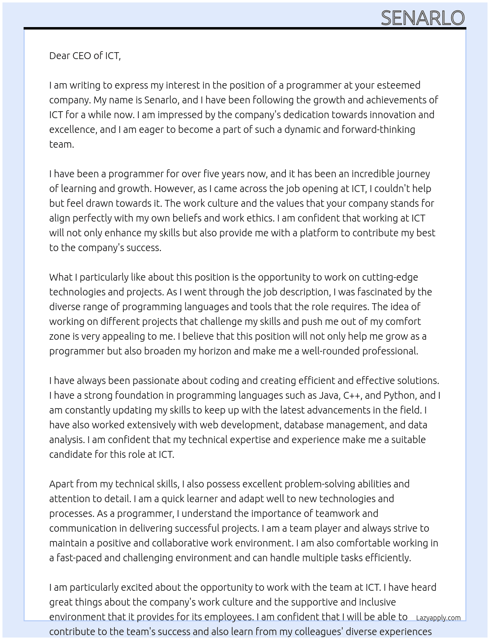 programmmer At ICT Cover Letter