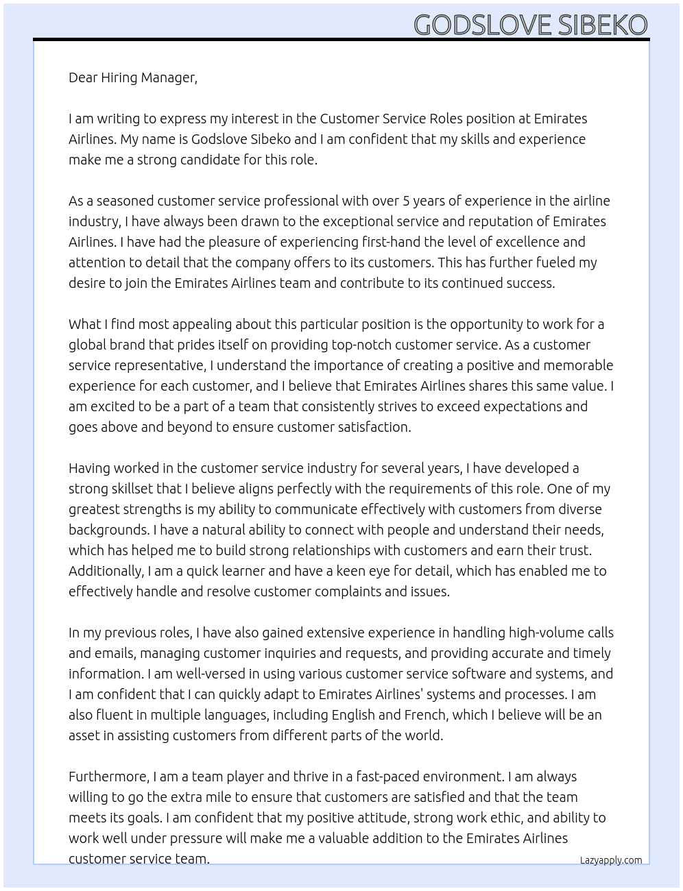 Customer Service Roles  At Emirates Air ways Cover Letter