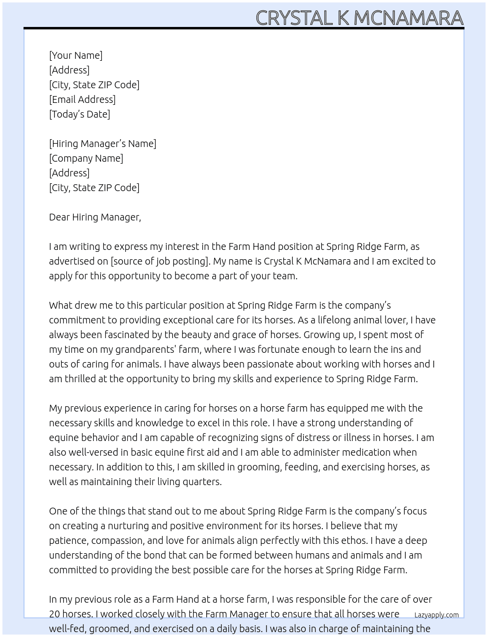Farm Hand At Spring Ridge Farm Cover Letter