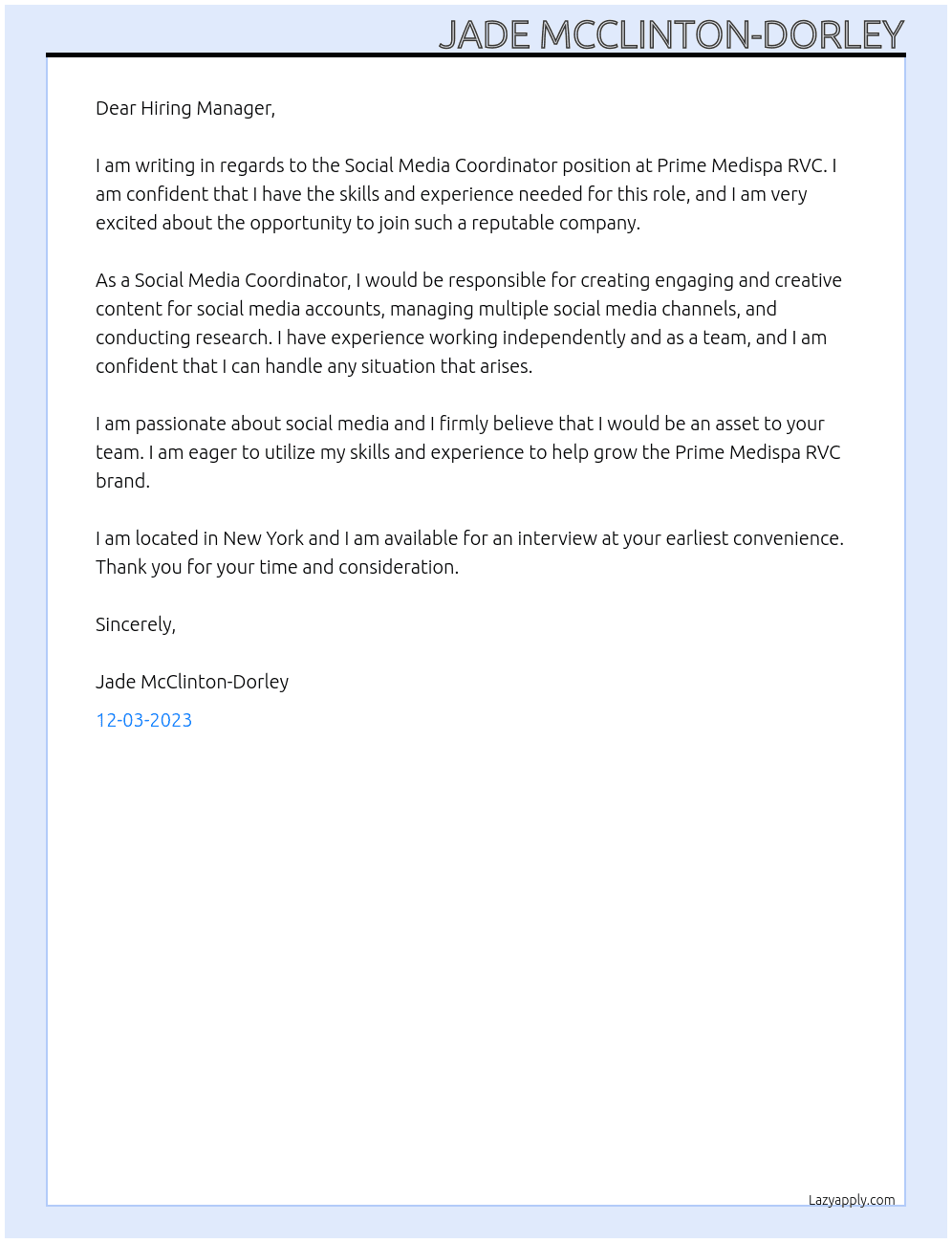 Social Media Coordinator  At Prime Medispa RVC Cover Letter