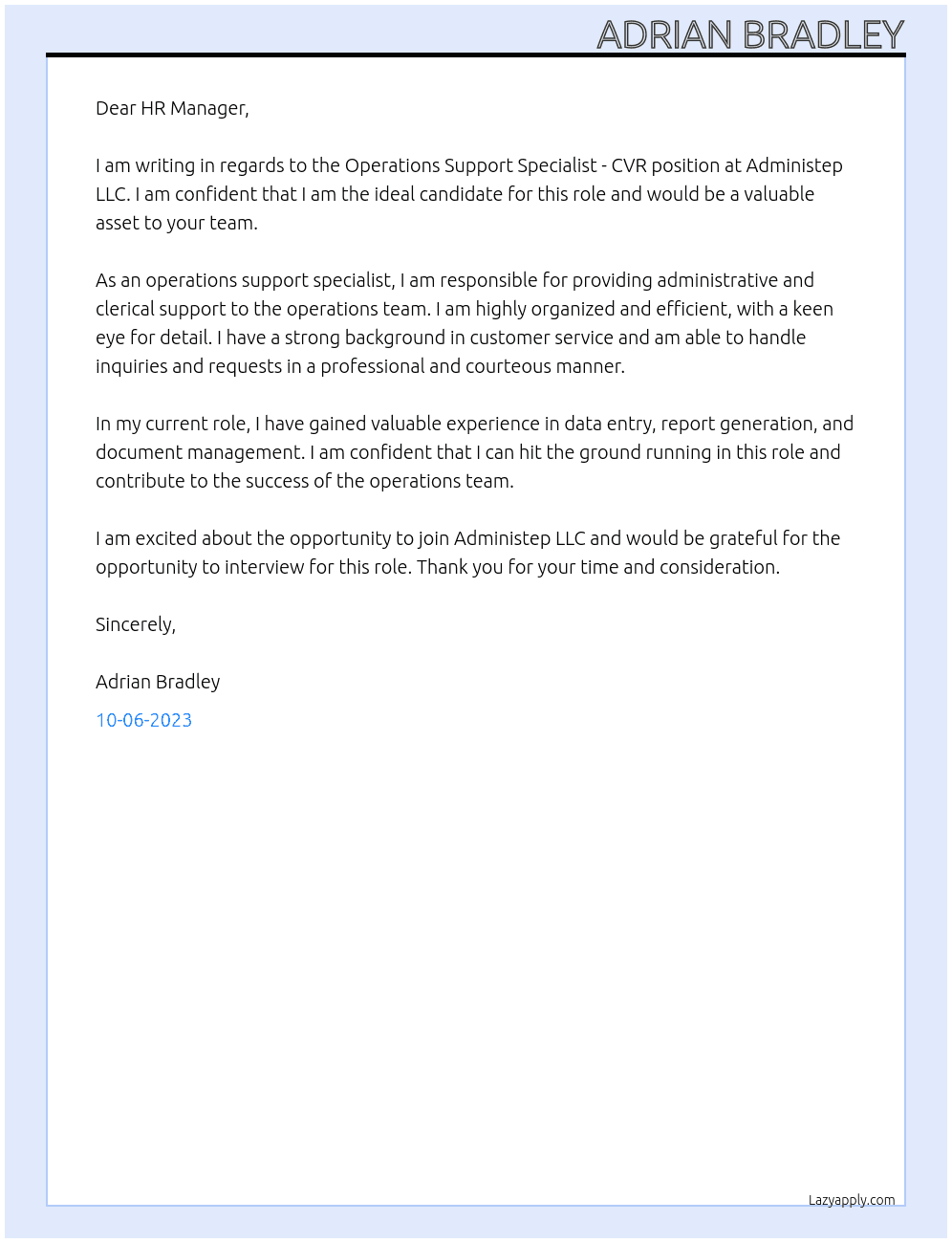 Operations Support Specialist - CVR At Administep LLC Cover Letter