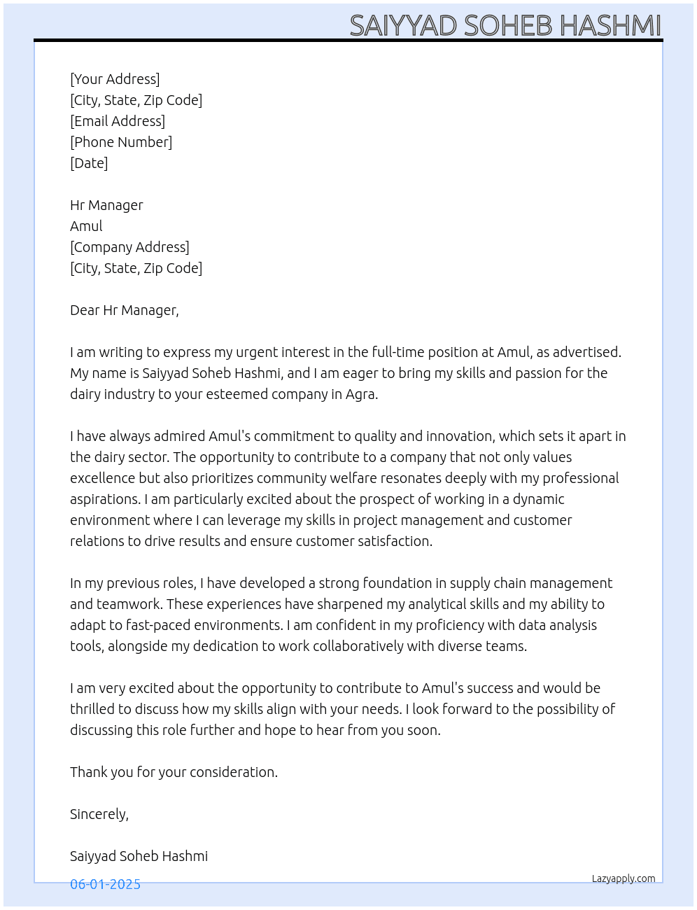 Amul Company At Amul  Cover Letter