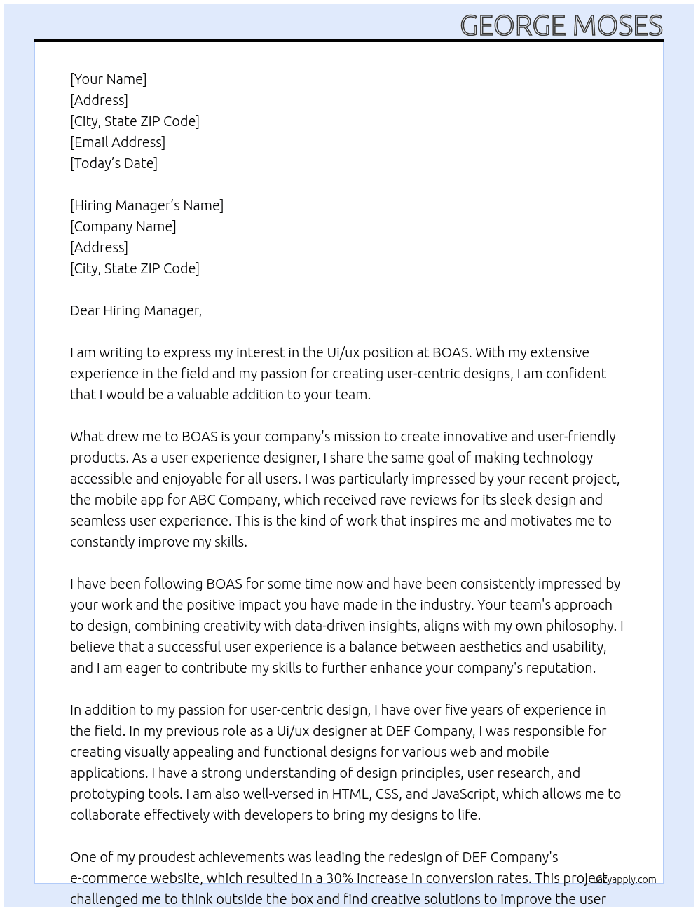 Ui/ux At BOAS Cover Letter