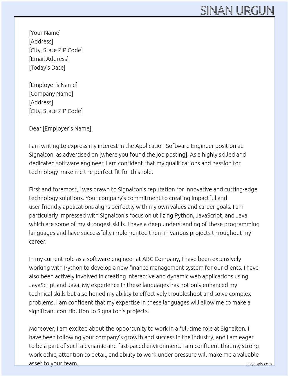 Application Software Engineer At signalton Cover Letter