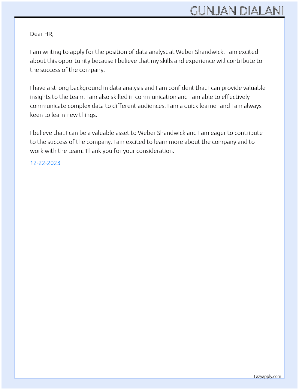 data anlayst At Weber Shandwick Cover Letter