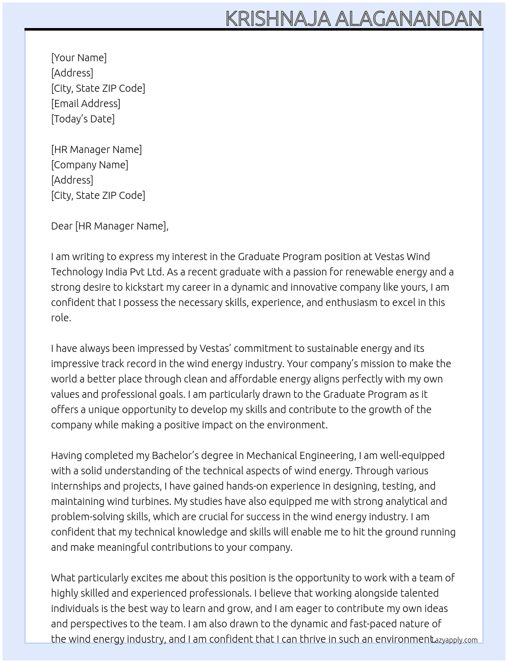Graduate program  At Vestas Wind Technology India Pvt Ltd Cover Letter