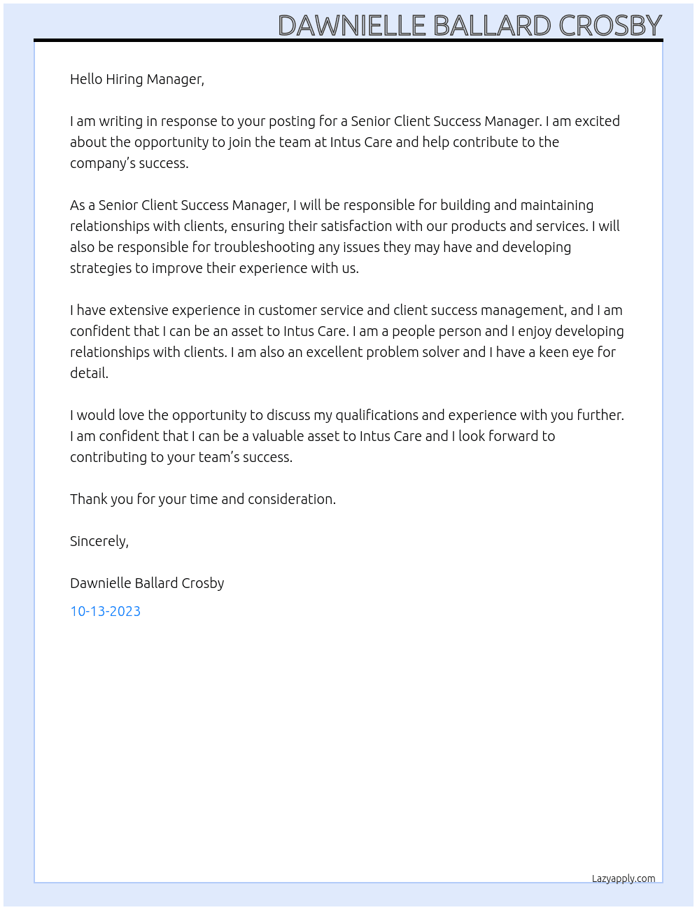 Senior Client Success Manager At Intus Care Cover Letter
