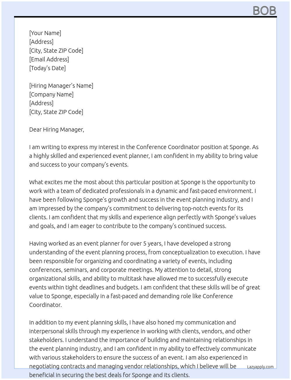 Conference Coordinator At Sponge Cover Letter