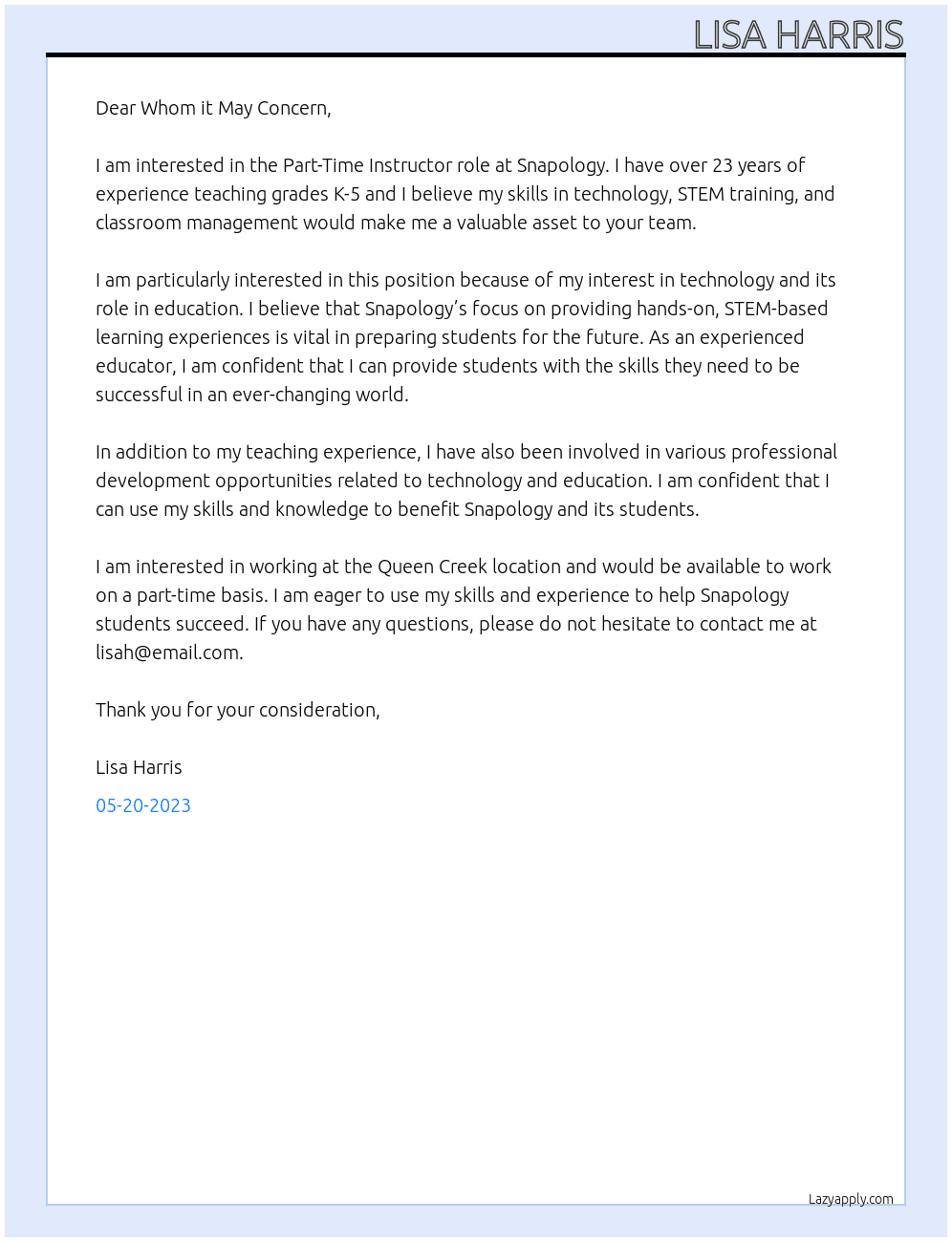Educator At Snapology Cover Letter