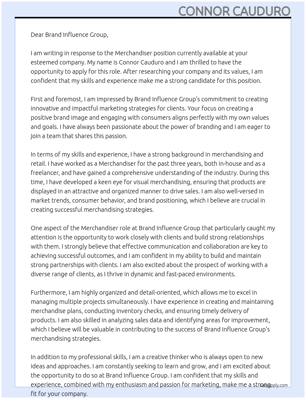 Merchandiser At Brand Influence Group Cover Letter