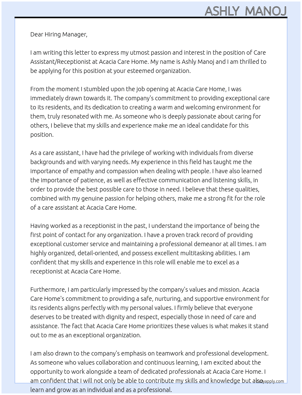 care assistant/ receptionist At Acacia Care Home Cover Letter