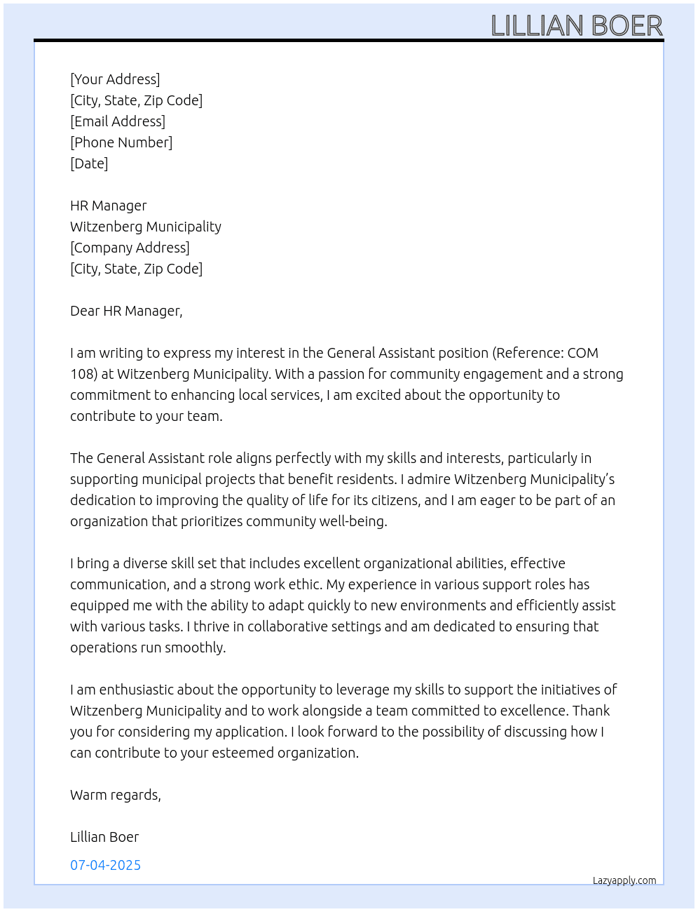 General Assistant (Reference: COM 108) At Witzenberg Municipality  Cover Letter