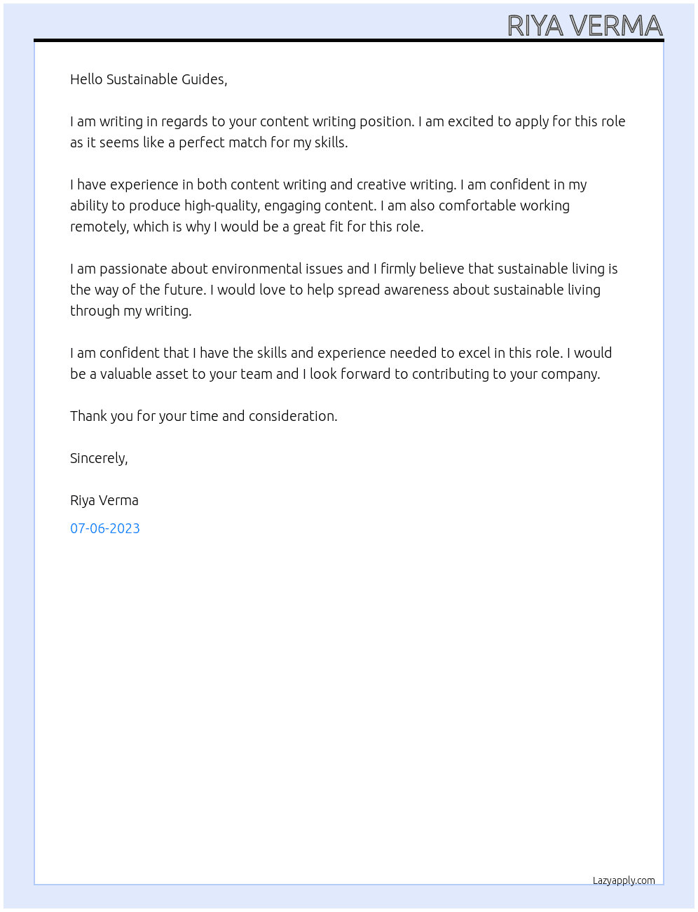 Content Writing  At Sustainable Guides Cover Letter