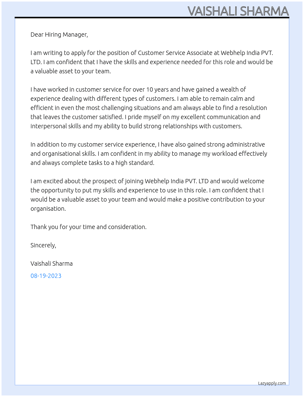 costumer service associate At Webhelp India PVT. LTD Cover Letter