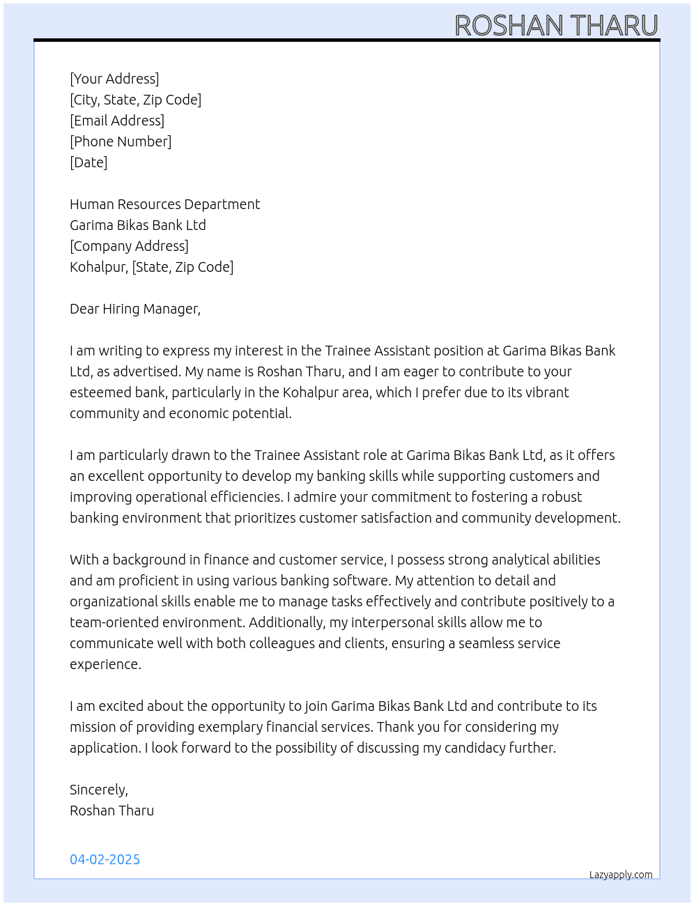 Trainee Assistant At Garima Bikas Bank Ltd Cover Letter
