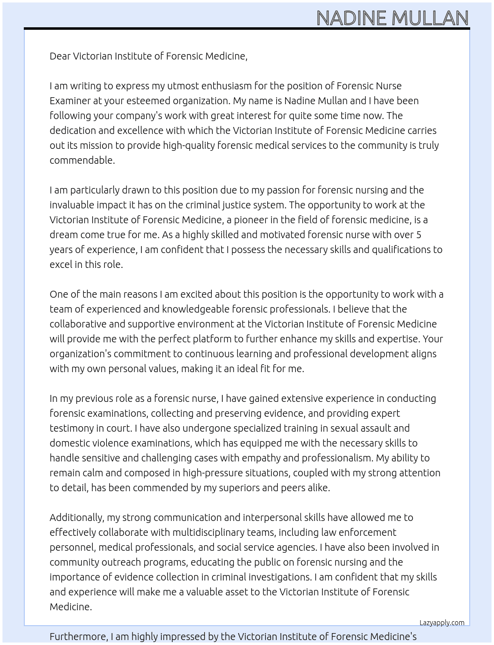 Forensic Nurse Examiner At Victorian Institute of Forensic Medicine Cover Letter