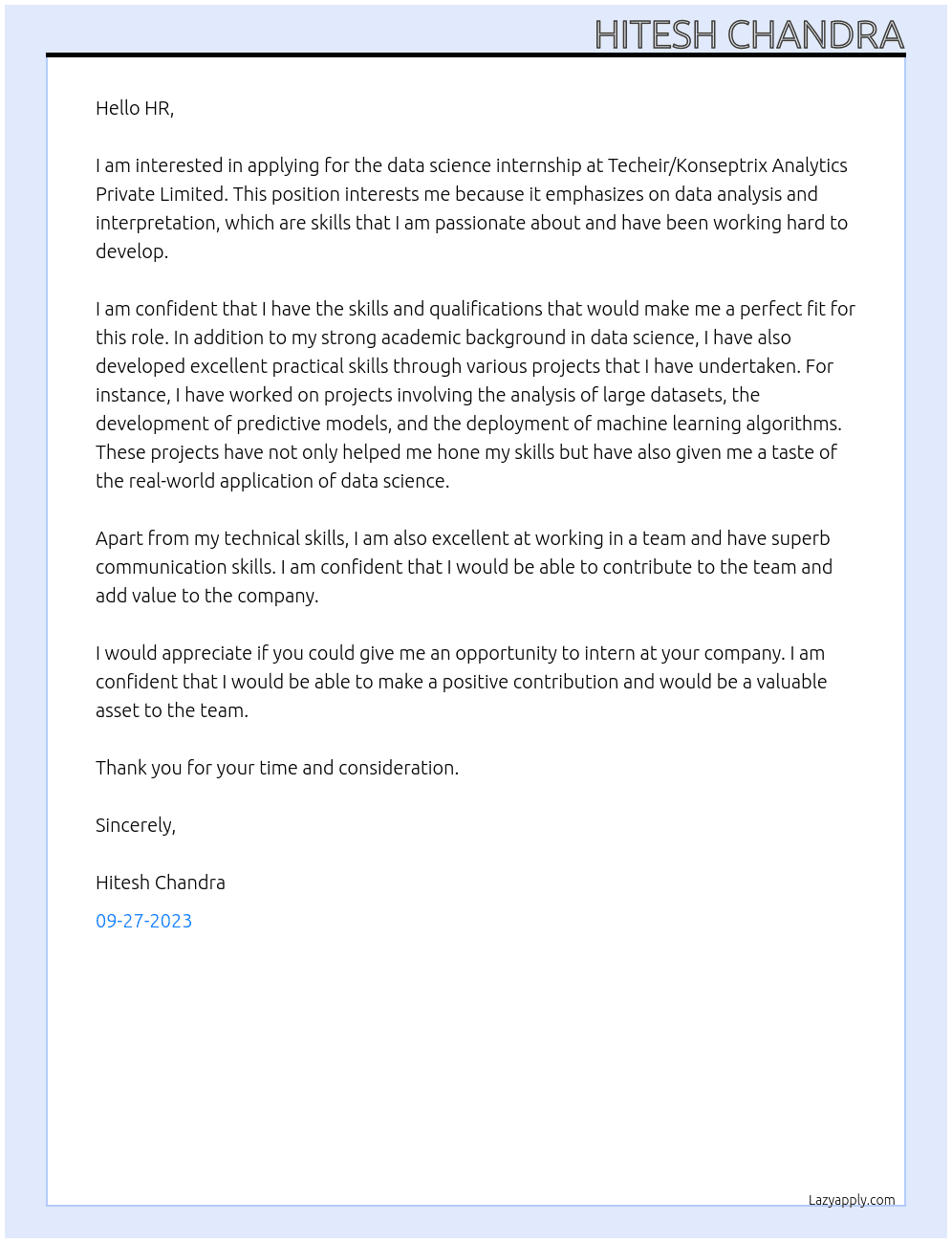 data science internship At Techeir/Konseptrix Analytics Private Limited Cover Letter