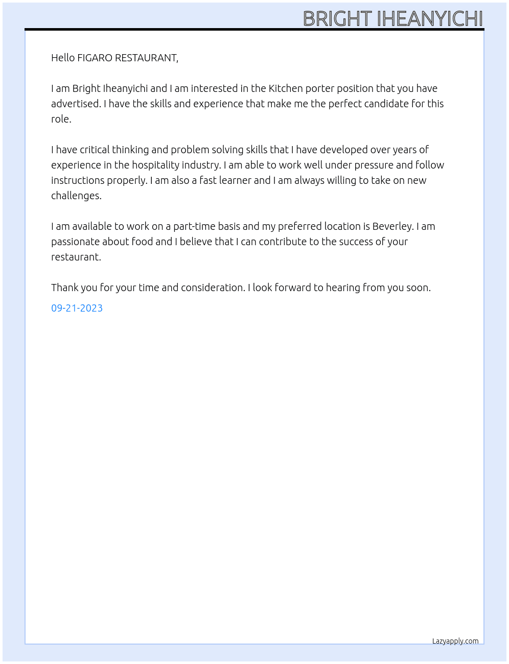 Kitchen porter  At FIGARO RESTAURANT Cover Letter