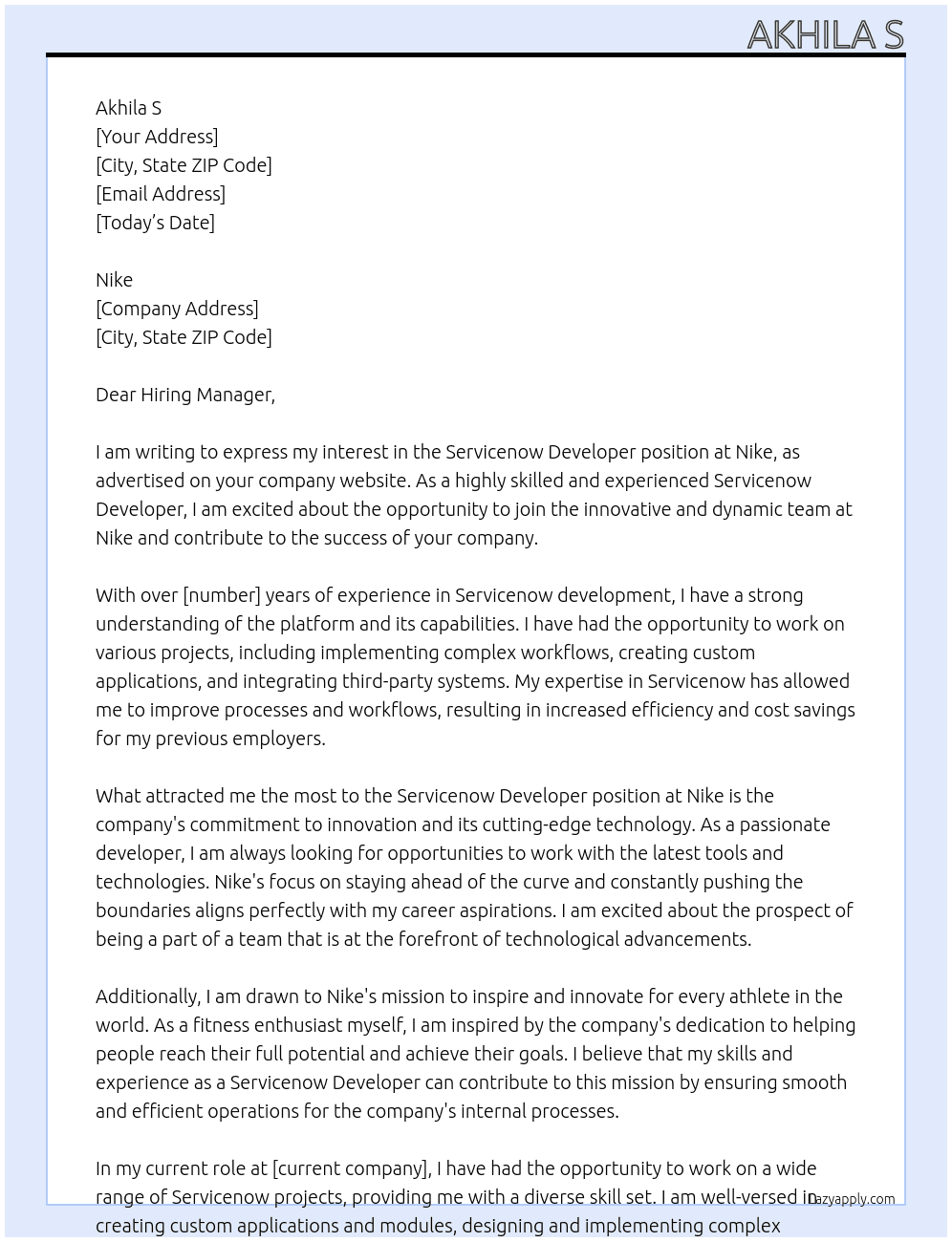 servicenow developer At Nike Cover Letter