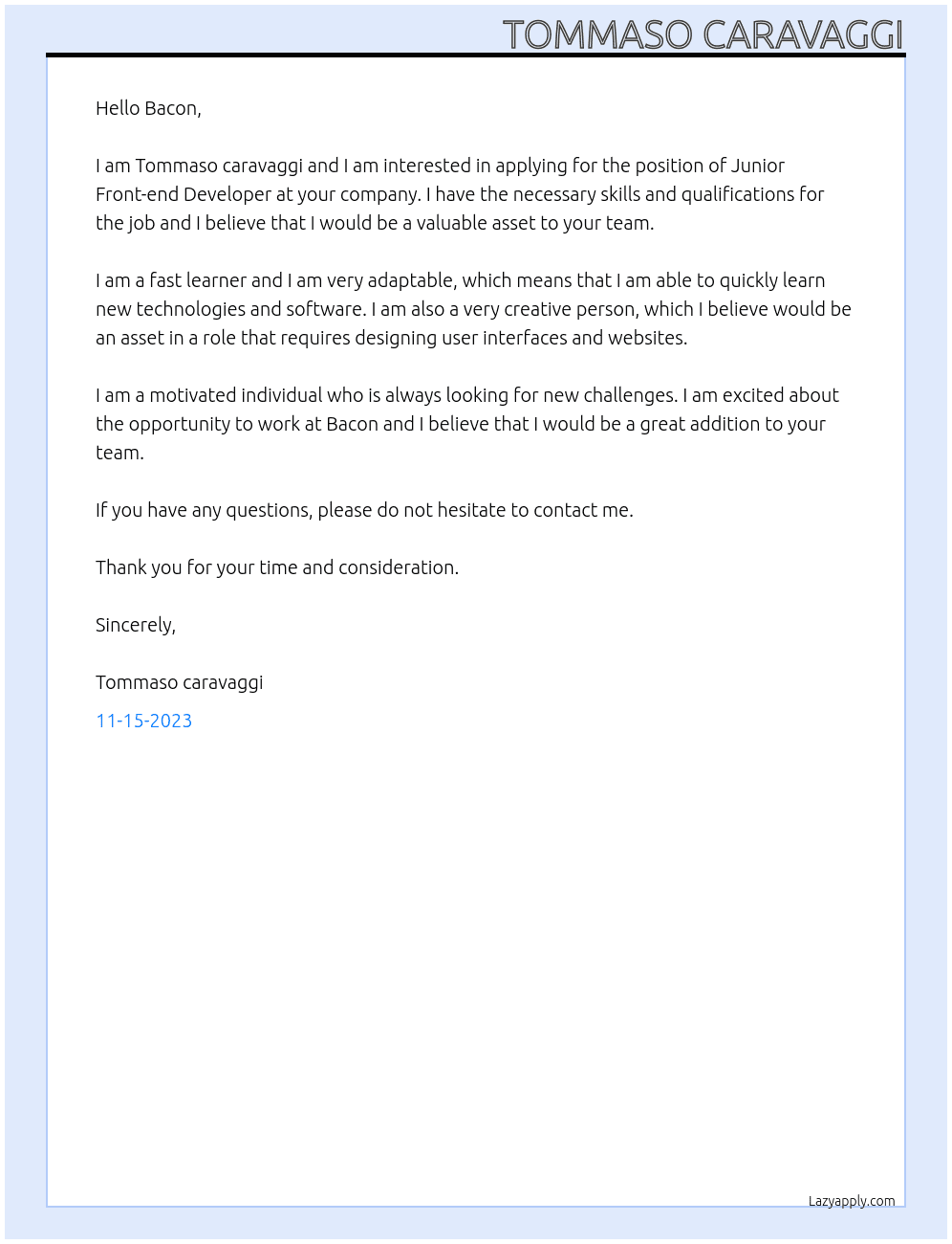 Junior Front-end Developer At Bacon Cover Letter