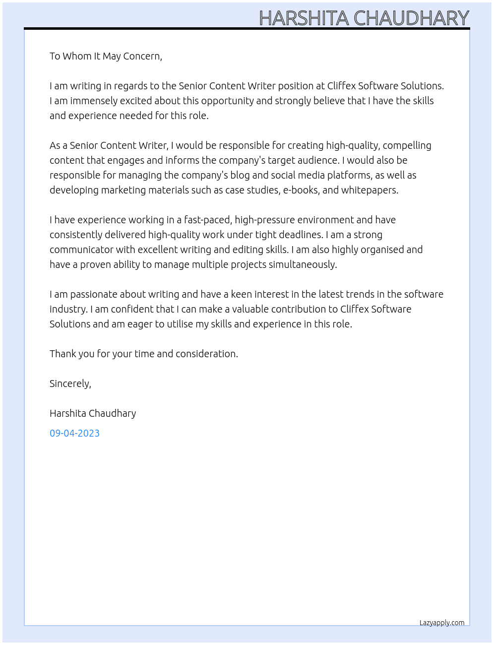 Senior Content Writer At Cliffex Software Solutions Cover Letter