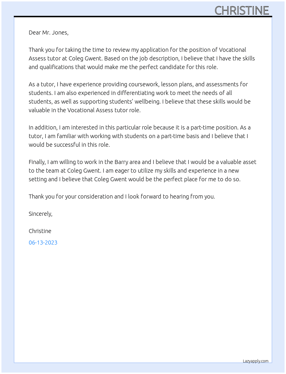 Vocational Assess tutor At Coleg gwent  Cover Letter
