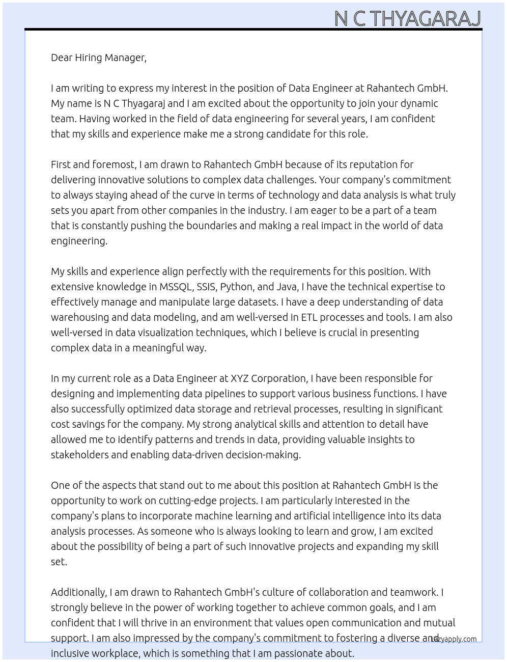data enginner At Rahantech GmbH Cover Letter