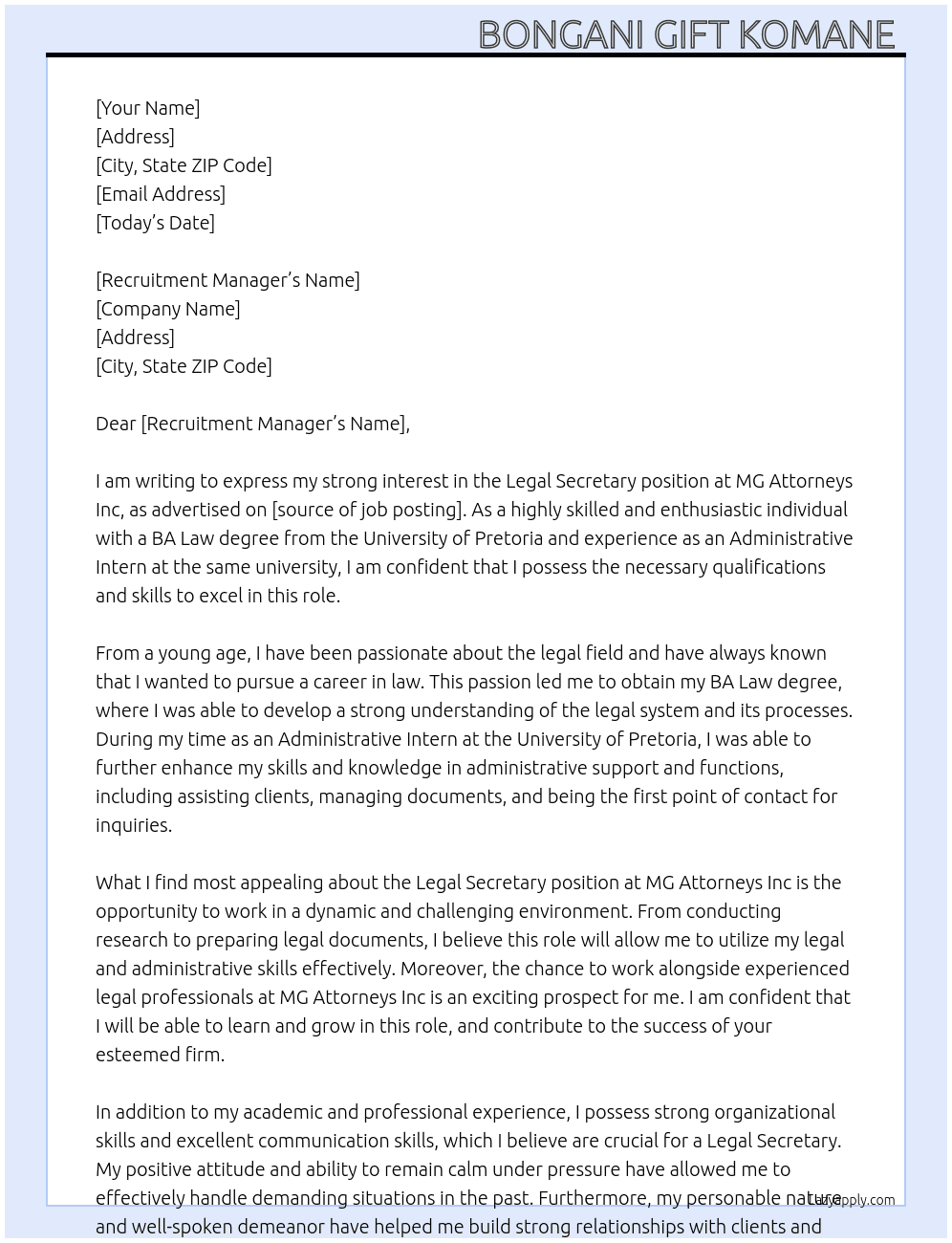 Legal Secretary  At MG Attorneys Inc  Cover Letter