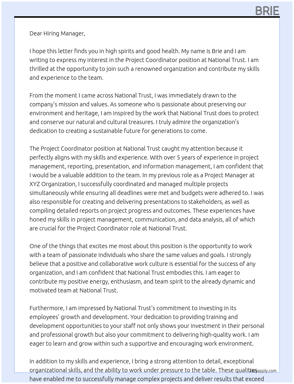 Project Coordinator At National Trust Cover Letter