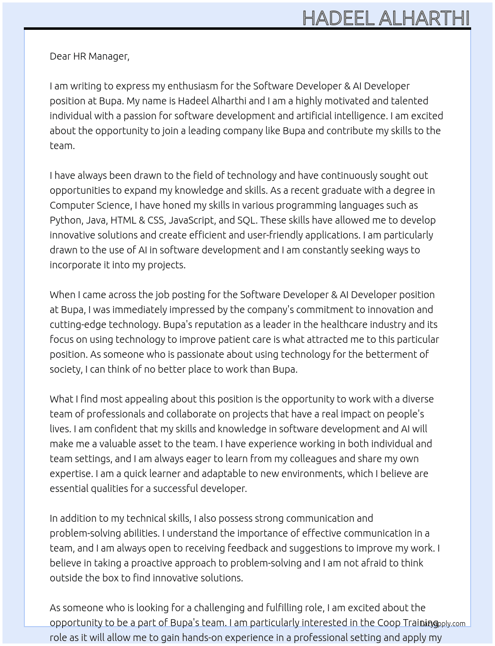 Cover letter for software developer & ai developer - LazyApply
