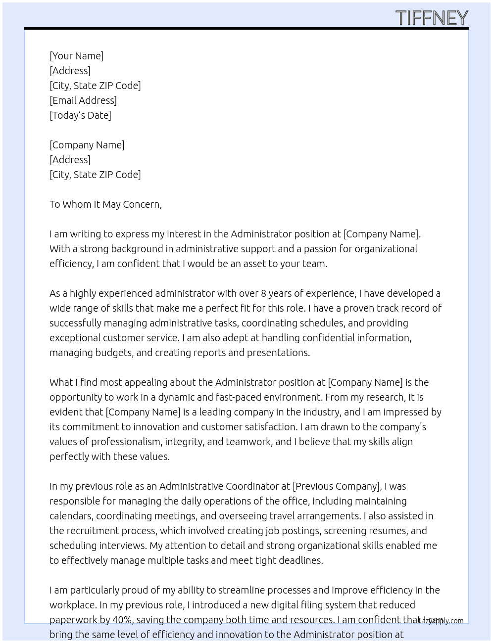 Administrator At Admin Cover Letter
