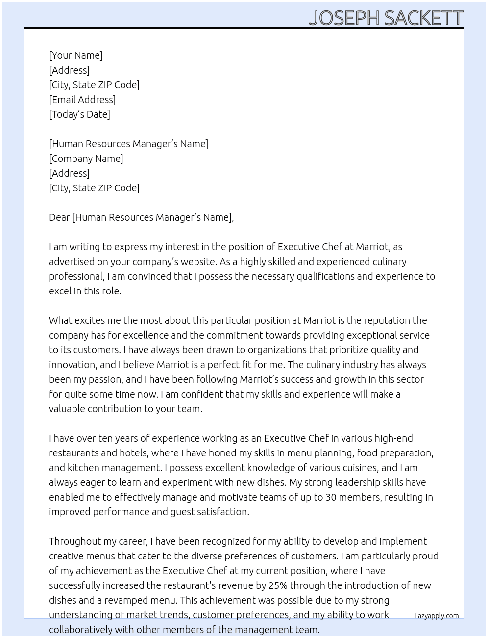 Executive Chef At Marriot Cover Letter
