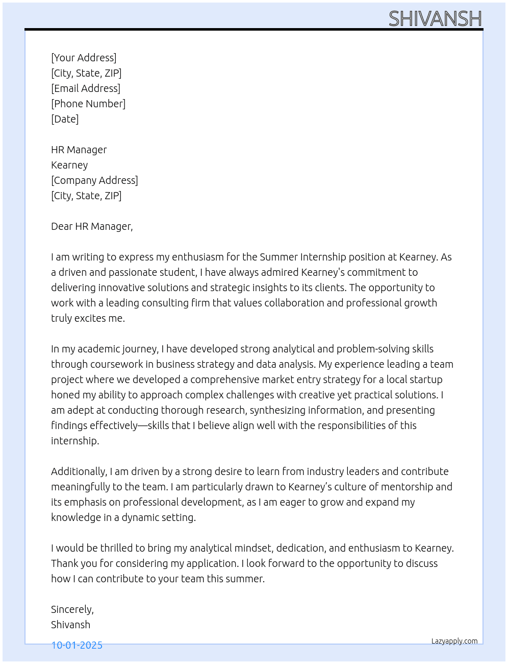 Cover letter for summer internship du - LazyApply