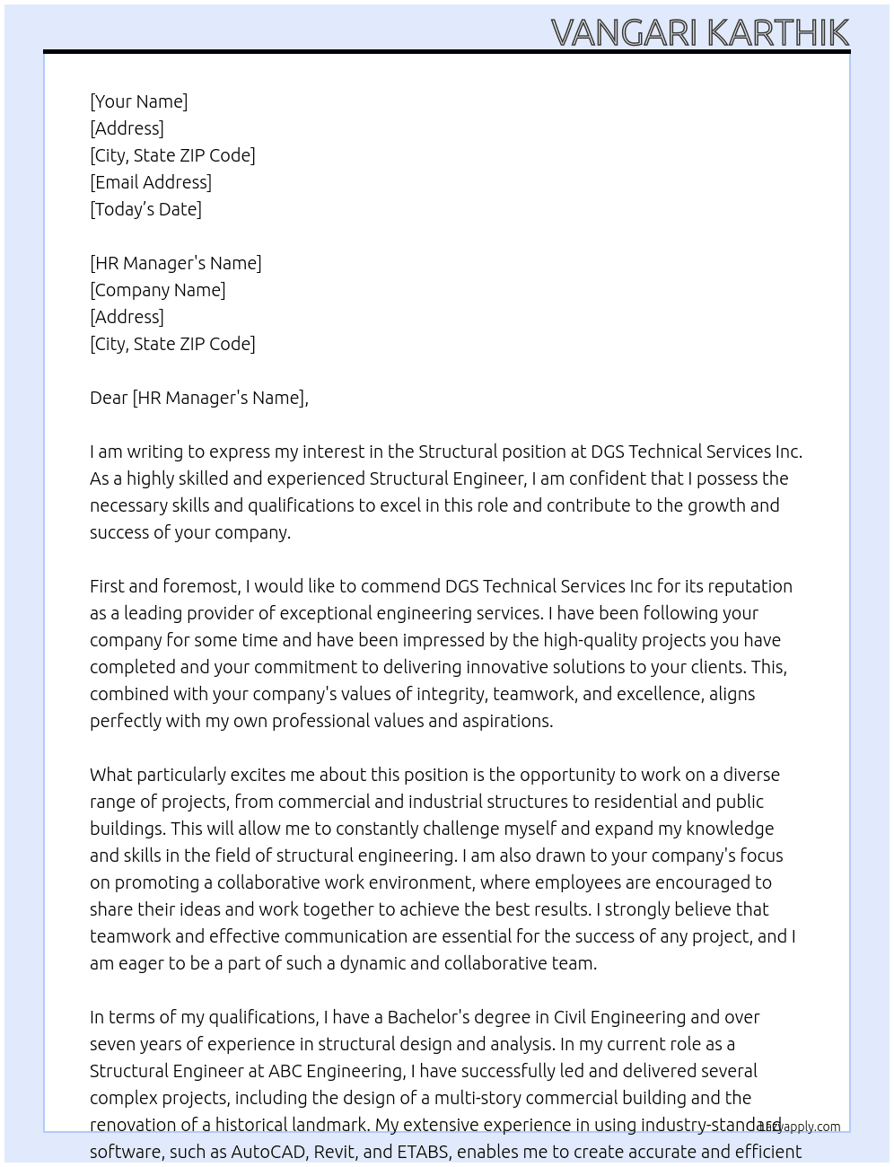 Structural At DGS technical services Inc Cover Letter