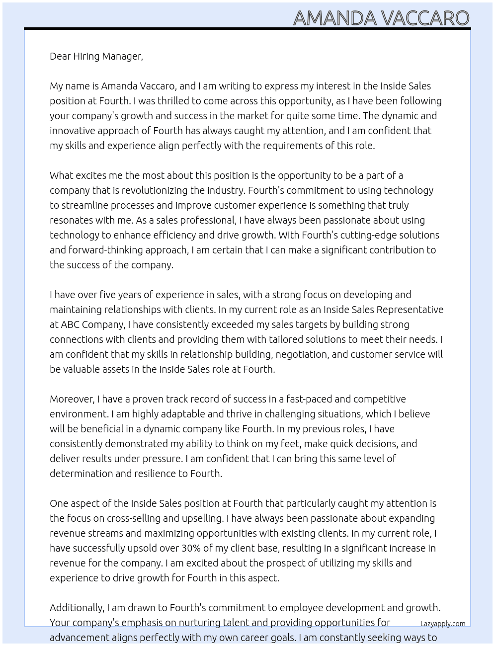 inside sales At Fourth  Cover Letter