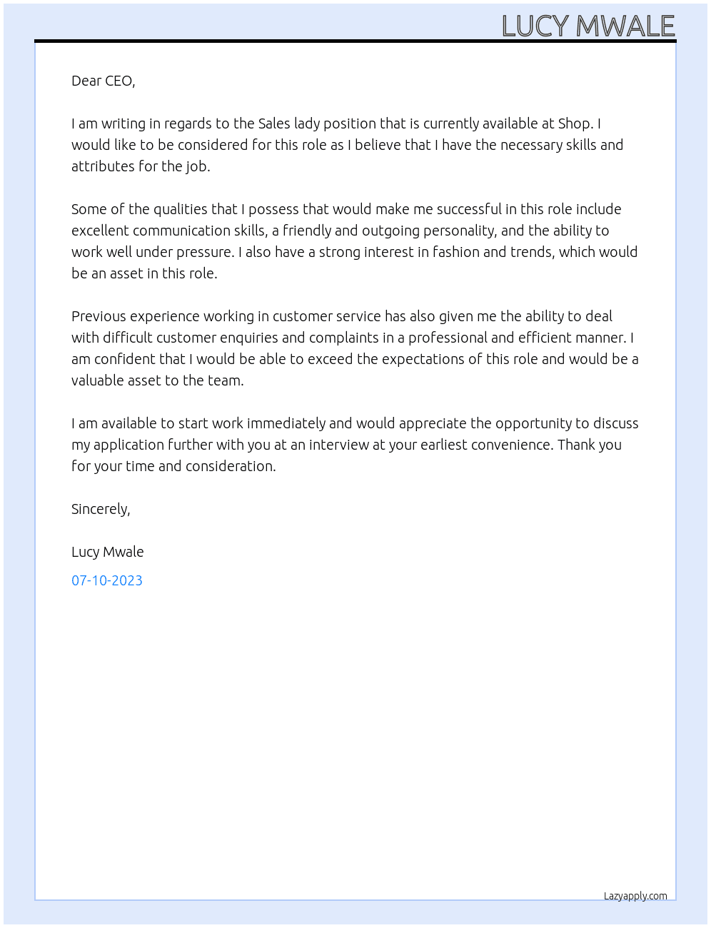 Sales lady At Shop Cover Letter