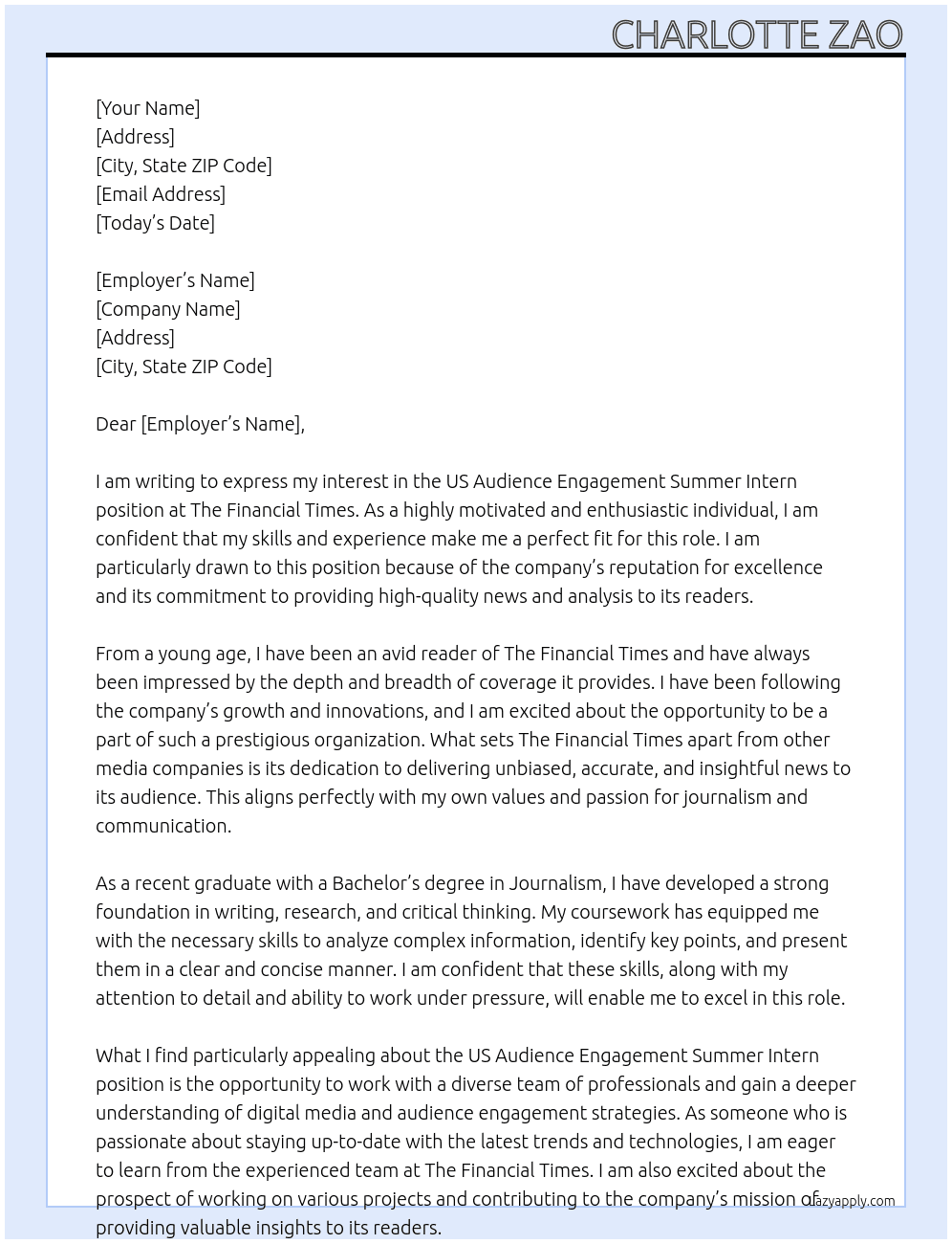 US Audience Engagement Summer Intern At The Financial Times Cover Letter