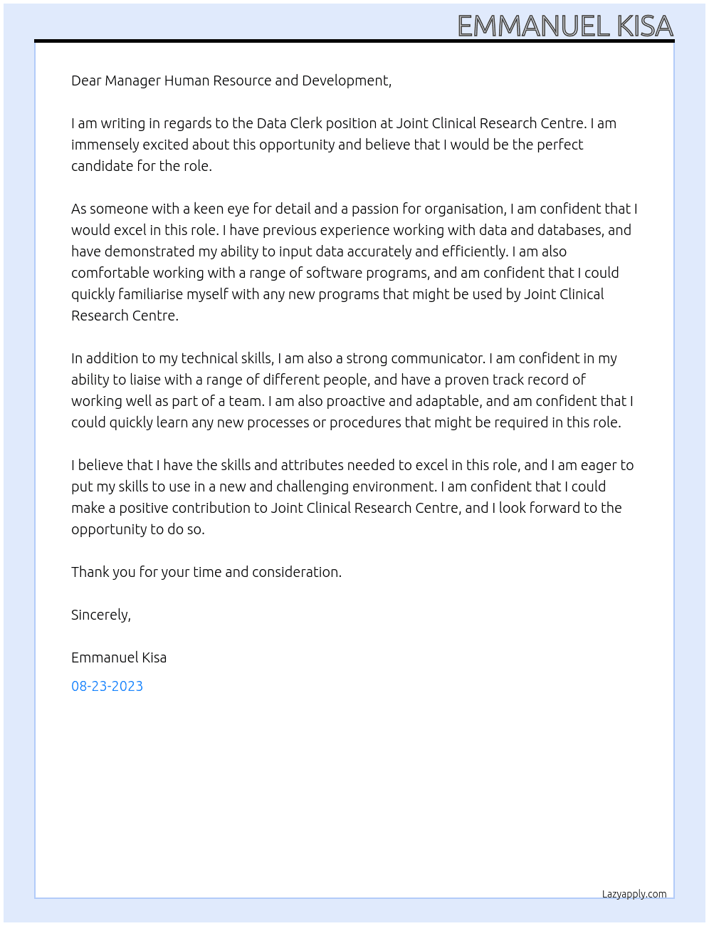 Data Clerk At Joint Clinical Research Centre Cover Letter