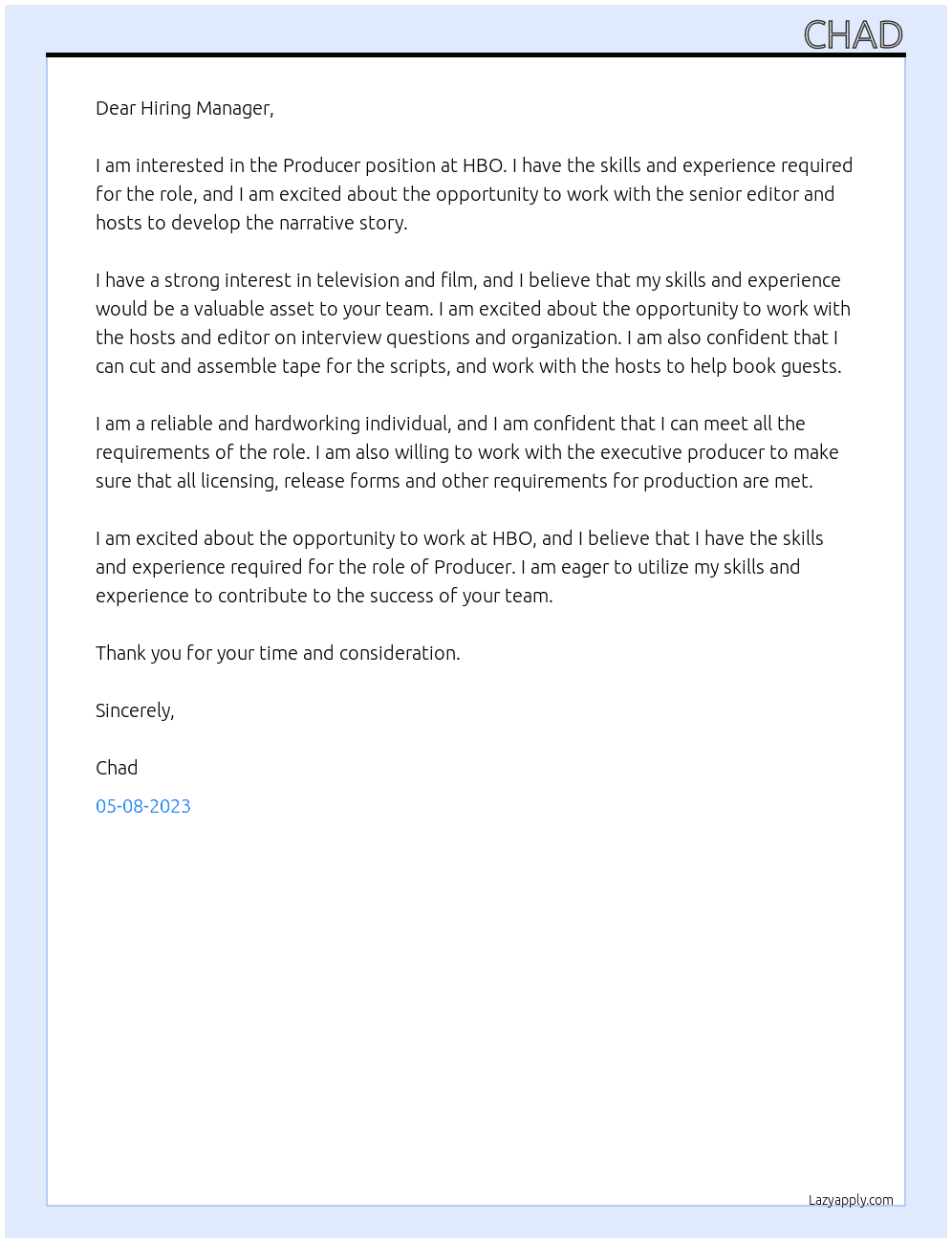 Producer At HBO Cover Letter
