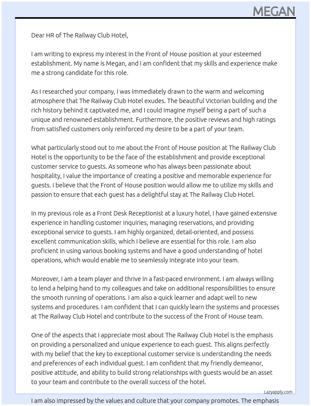 Front of house  At The railway club hotel Cover Letter