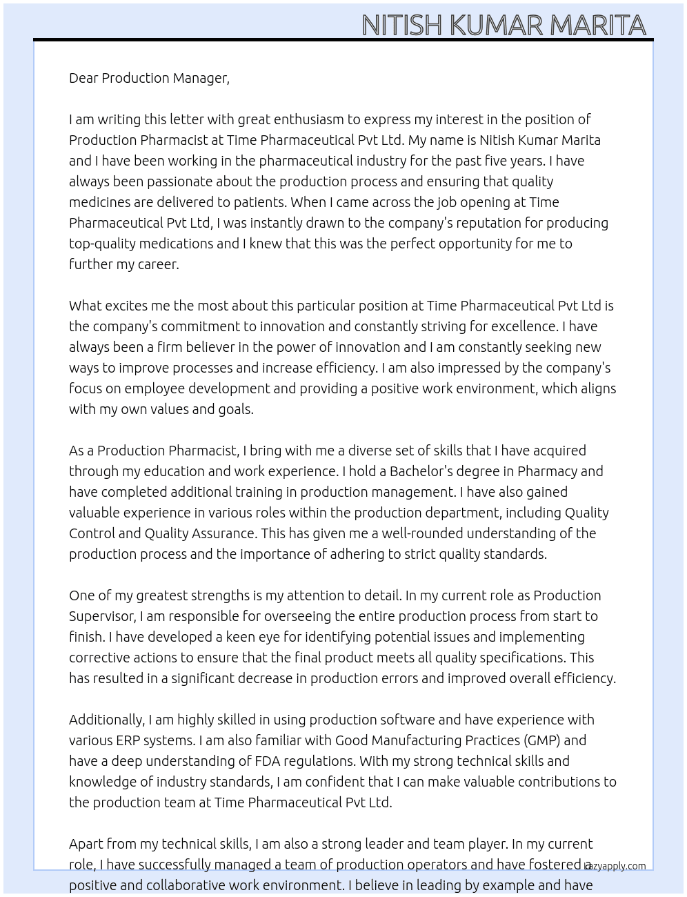 Production pharmacist  At Time pharmaceutical pvt Ltd  Cover Letter
